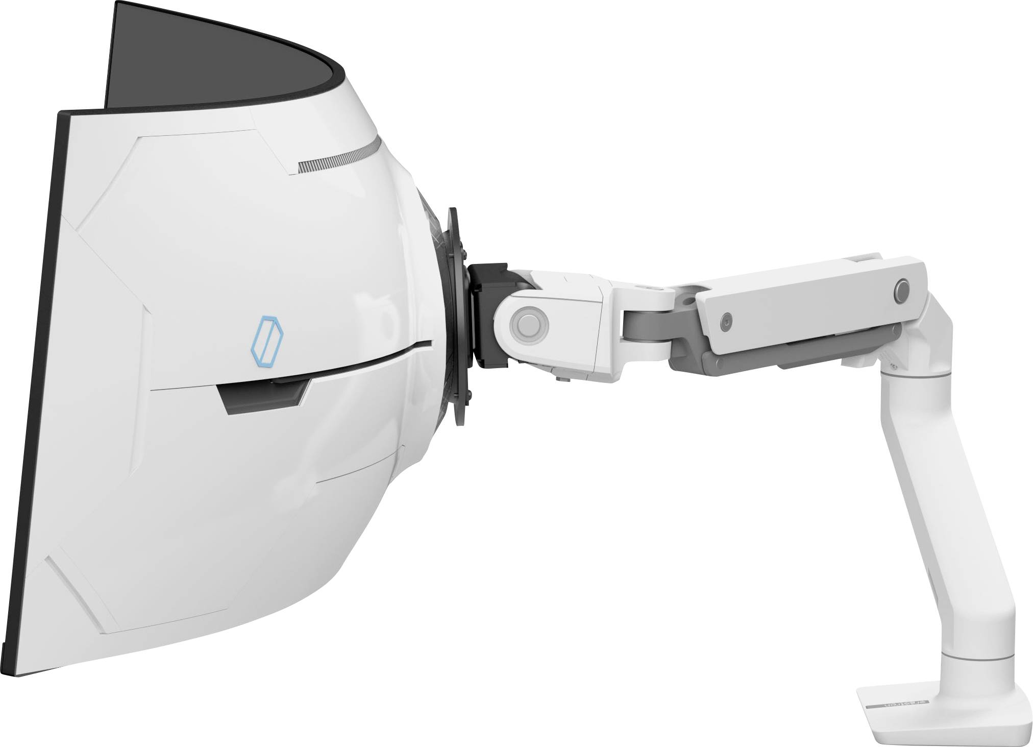 Een witte robotarm met een futuristisch beschermschild aan de uiteinde. De arm is gemonteerd in een zijwaarts uitgestrekte positie.