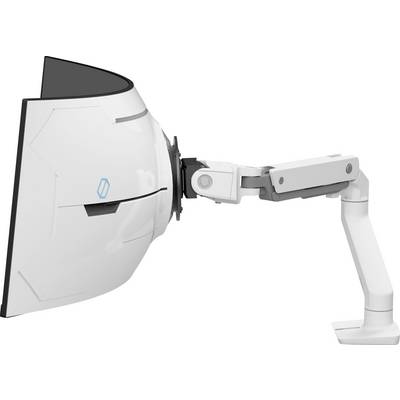 Een witte robotarm met een futuristisch beschermschild aan de uiteinde. De arm is gemonteerd in een zijwaarts uitgestrekte positie.
