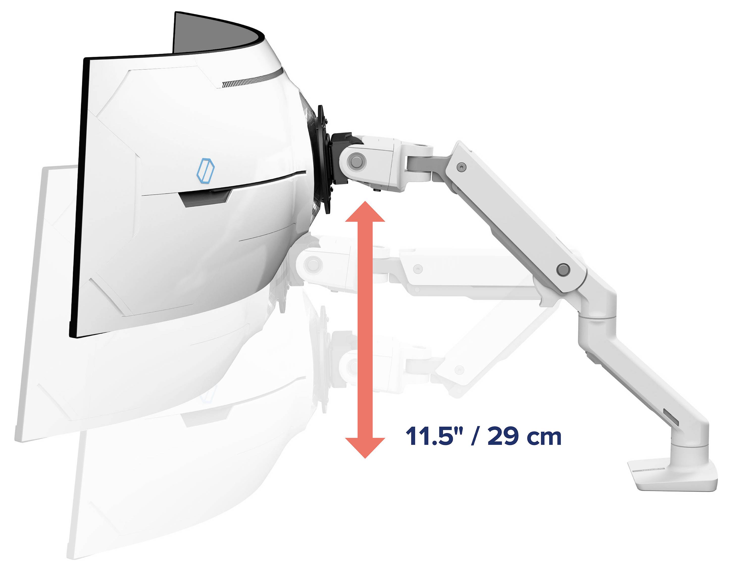 'Illustratie van een monitor met verstelbare arm die 11,5 inch/29 cm kan worden opgetild.'