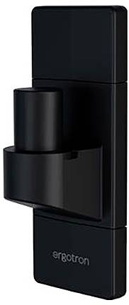 Zwarte wandbeugel voor monitoren, merk 'ergotron', met draaibaar scharnier voor flexibele schermpositionering.