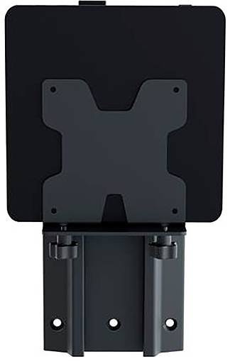 Een zwarte, rechthoekige tv-beugel-adapter met een X-vormig montageprofiel en zilveren schroefbevestigingen.