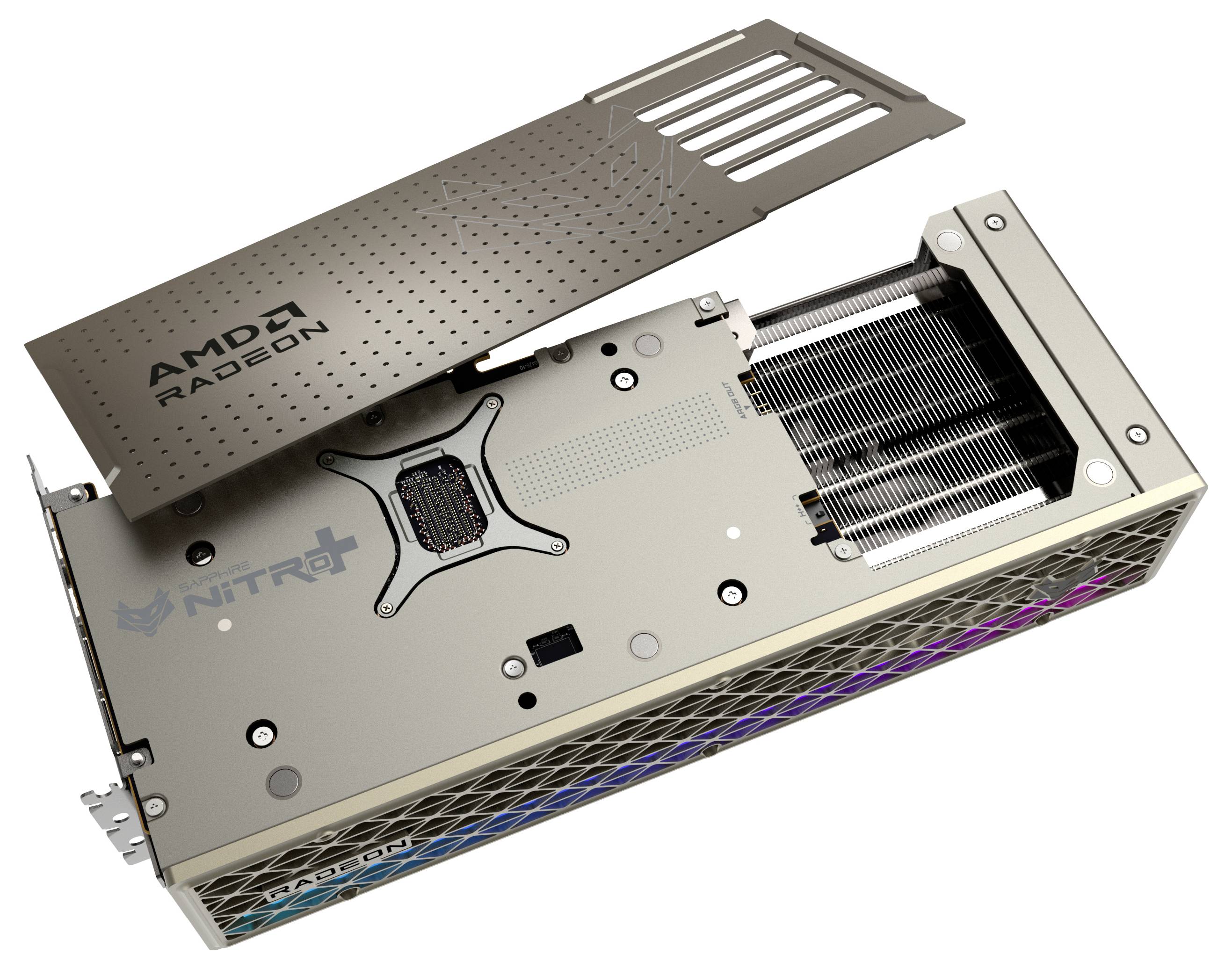 Een AMD Radeon grafische kaart met een open koeler en ventilatiesleuven. Linksonder het Nitro-logo.
