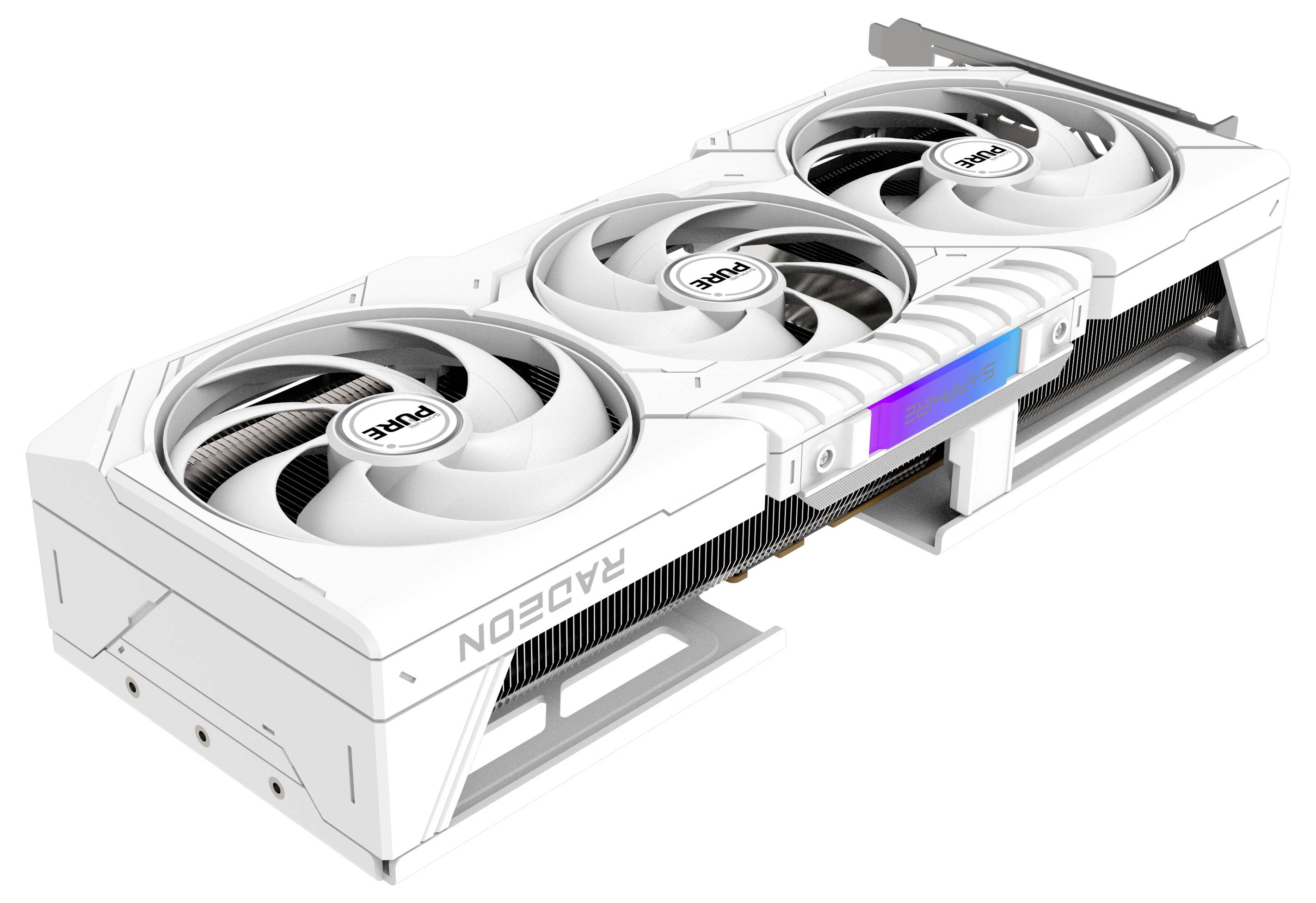 Witte grafische kaart met drie ventilatoren, gemarkeerd met 'Radeon'. Moderne koeling, geschikt voor gaming en grafisch veeleisende toepassingen.