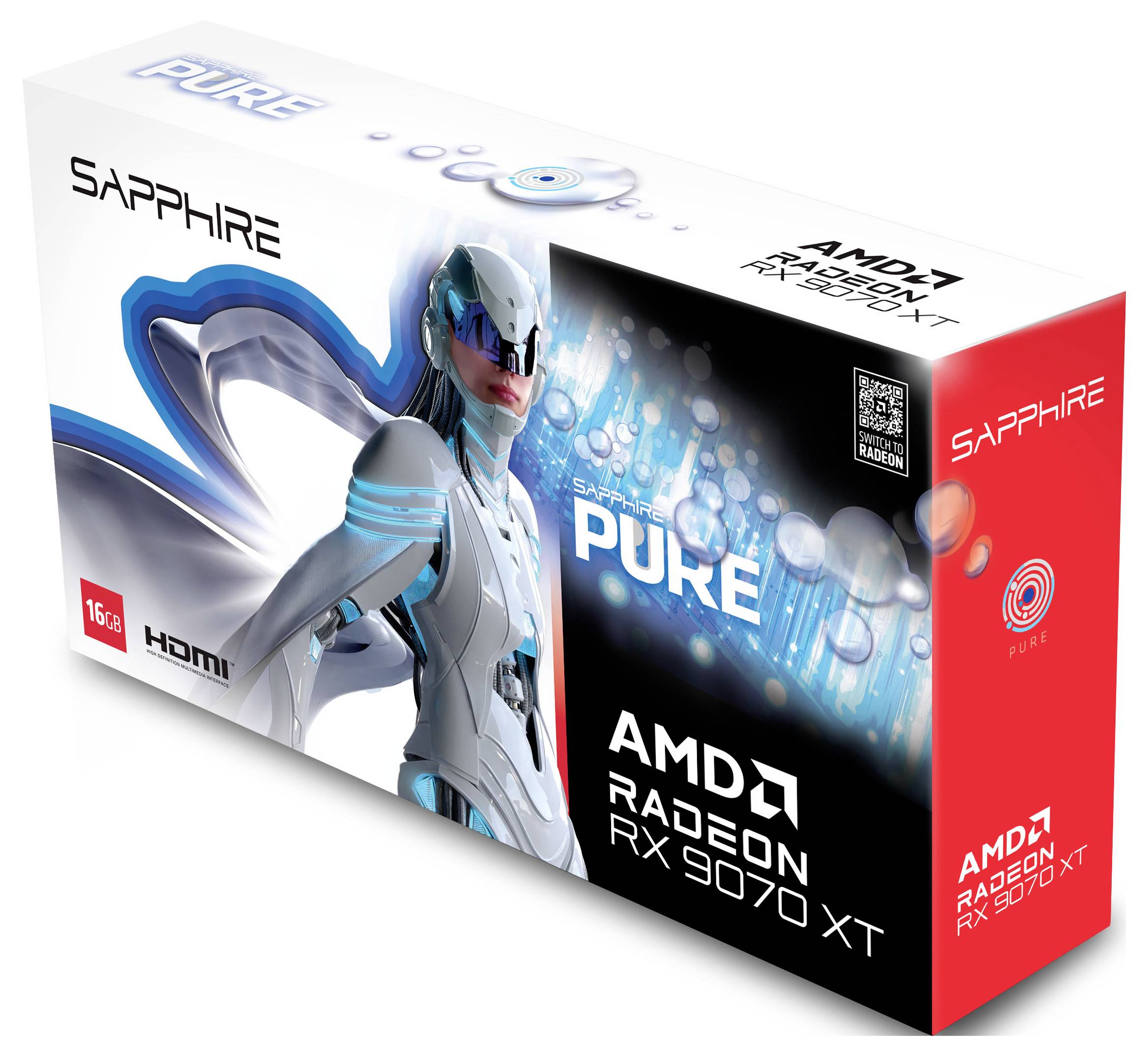 De verpakking van een AMD Radeon RX 7900 XT videokaart van Sapphire, met een futuristische, blauwe robot en het woord 'PURE'.