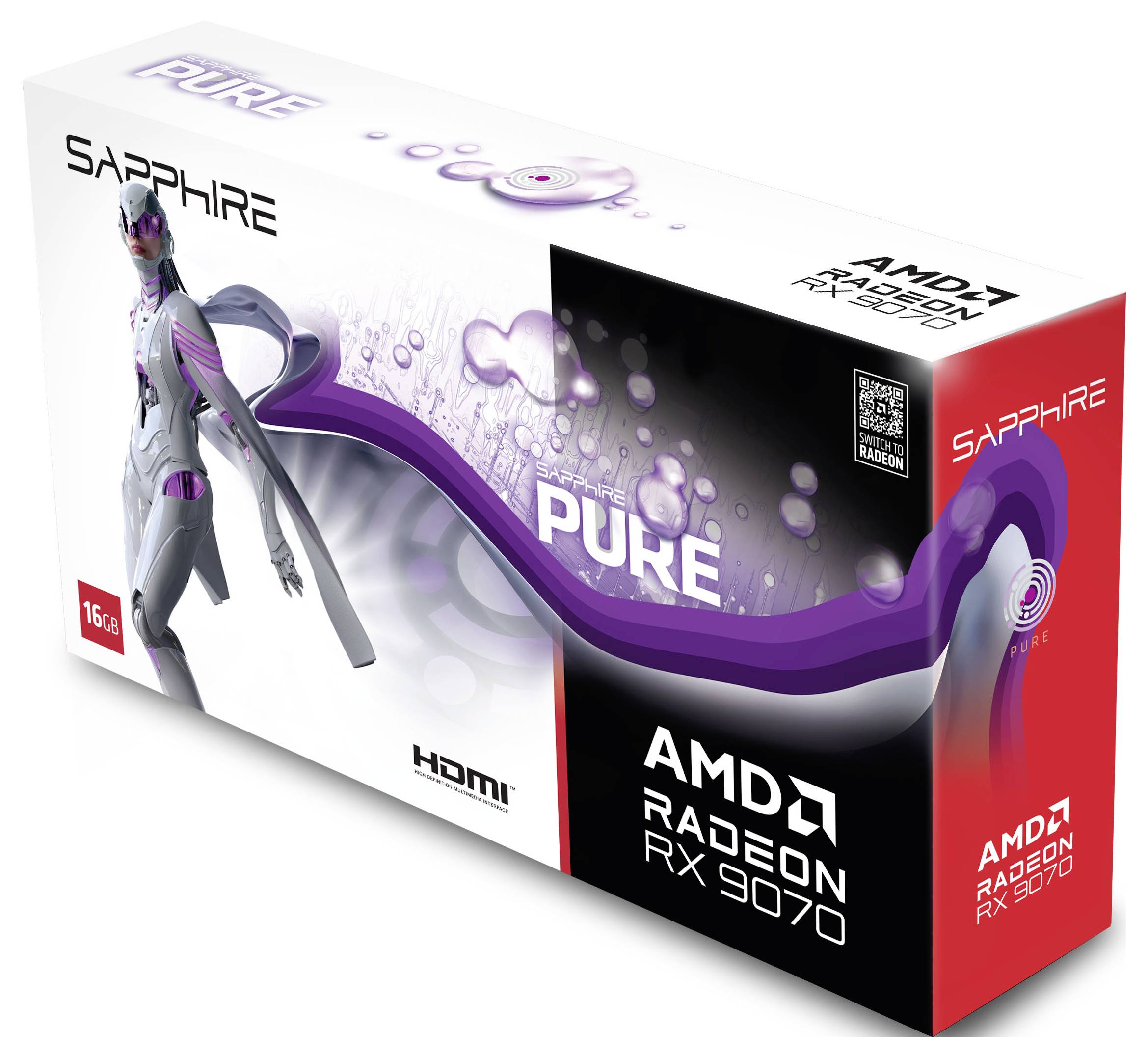 Verpakking van een grafische kaart van het merk Sapphire, model AMD Radeon RX 9070 Pure. Verpakking in wit en paars met een futuristisch ontwerp.