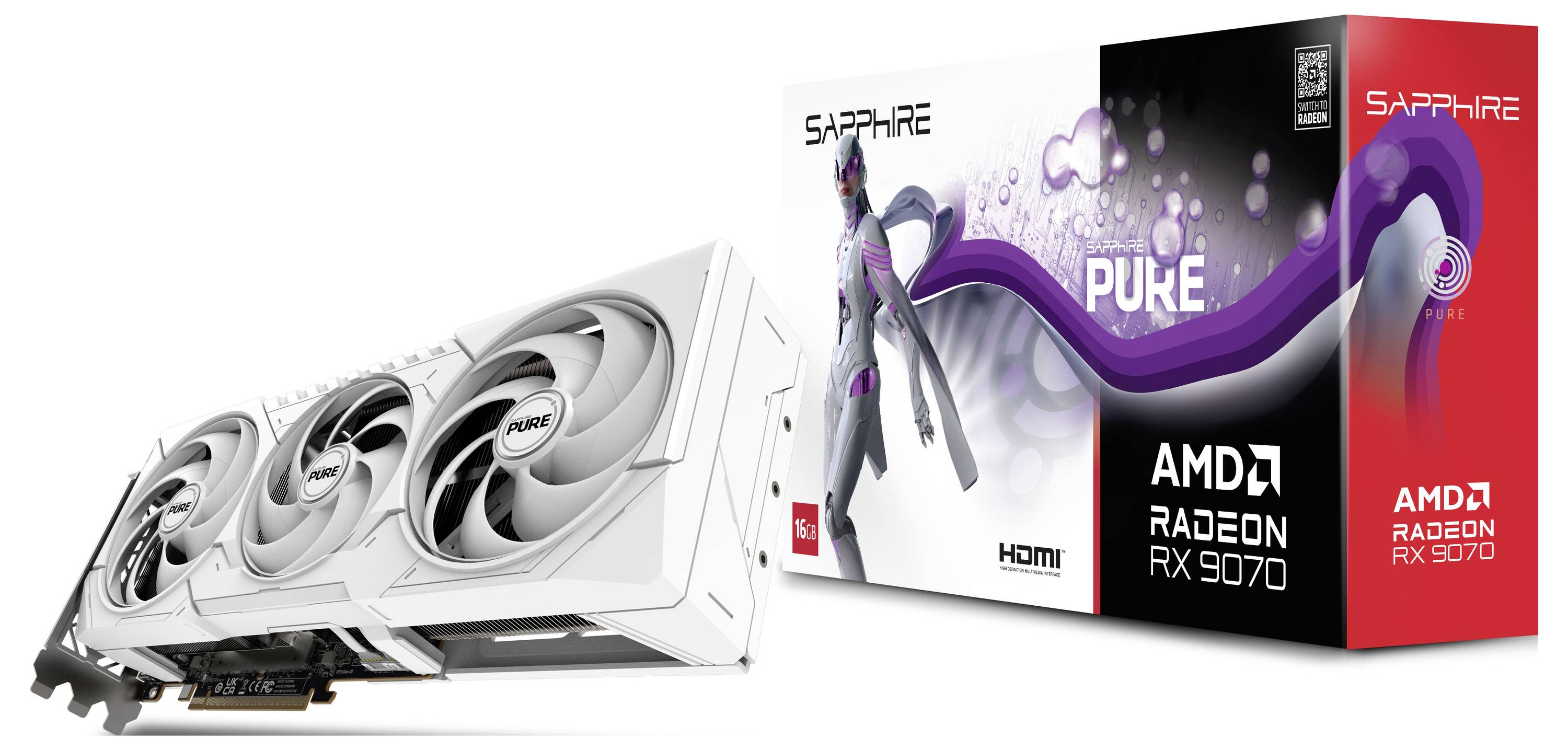 Een witte AMD Radeon RX 7900 videokaart van Sapphire naast zijn verpakking met een futuristisch, paars design.