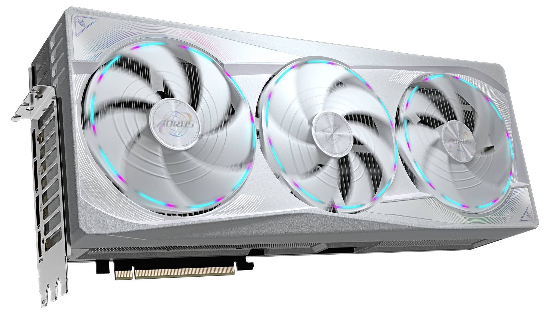 Een zilveren grafische kaart met drie grote ventilatoren, uitgerust met RGB-verlichting. Hij is ontworpen voor high-performance toepassingen.