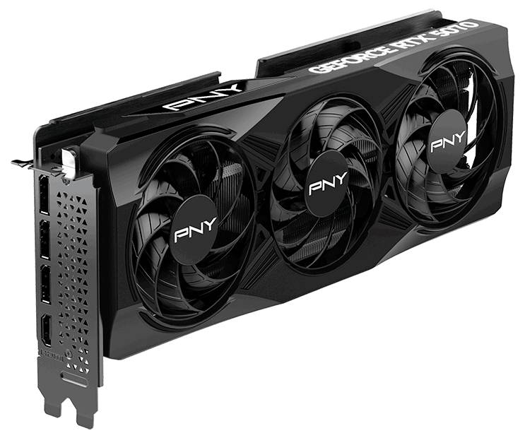 Grafische kaart PNY GeForce RTX 3070 met drie ventilatoren, zwart design en verschillende aansluitingsmogelijkheden aan de achterkant.
