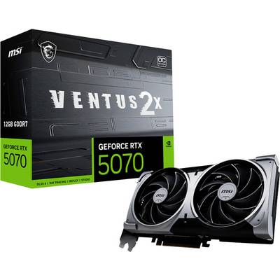 MSI GeForce RTX 5070 Ventus 2X grafische kaart met 12GB GDDR7, wordt getoond voordat hij wordt verpakt. Bevat functies zoals DLSS 4.