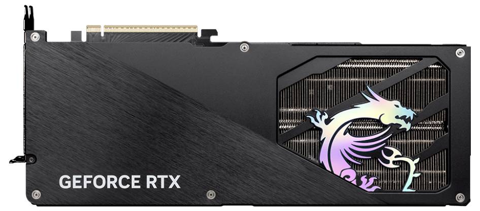 Videokaart met een gekleurde drakenlogo en de tekst 'GEFORCE RTX' aan de zijkant.