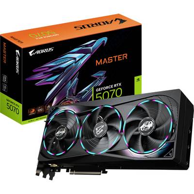 'Grafische kaart Gigabyte AORUS RTX 5070 Master' met drie ventilatoren, RGB-verlichting, naast de originele verpakking met logo en graphics.