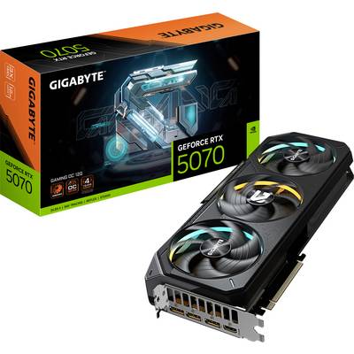 Grafische kaart Gigabyte GeForce RTX 5070 met drie ventilatoren, naast de verpakking die verlichte graphics en technische details toont.