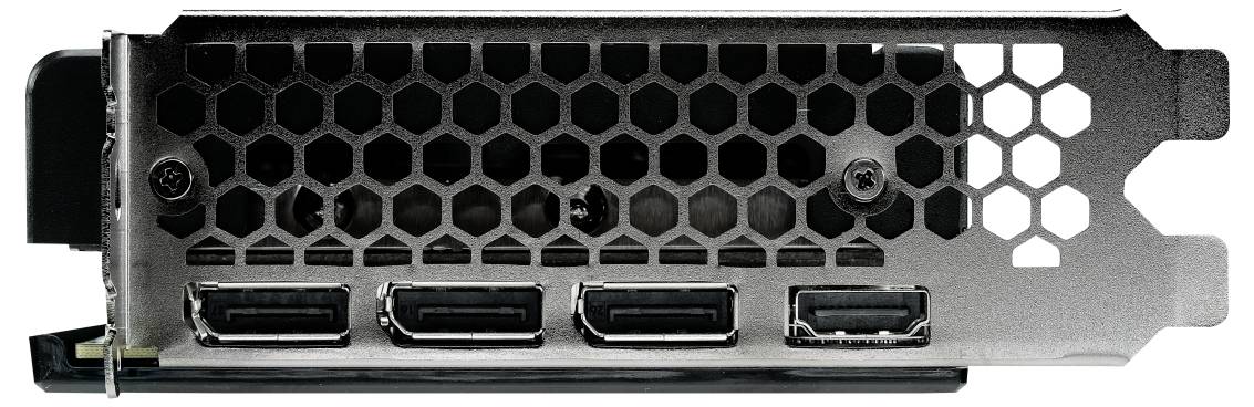 Achterkant van een videokaart met drie DisplayPort-aansluitingen en één HDMI-aansluiting. Zeshoekig ventilatierooster voor warmteafvoer.