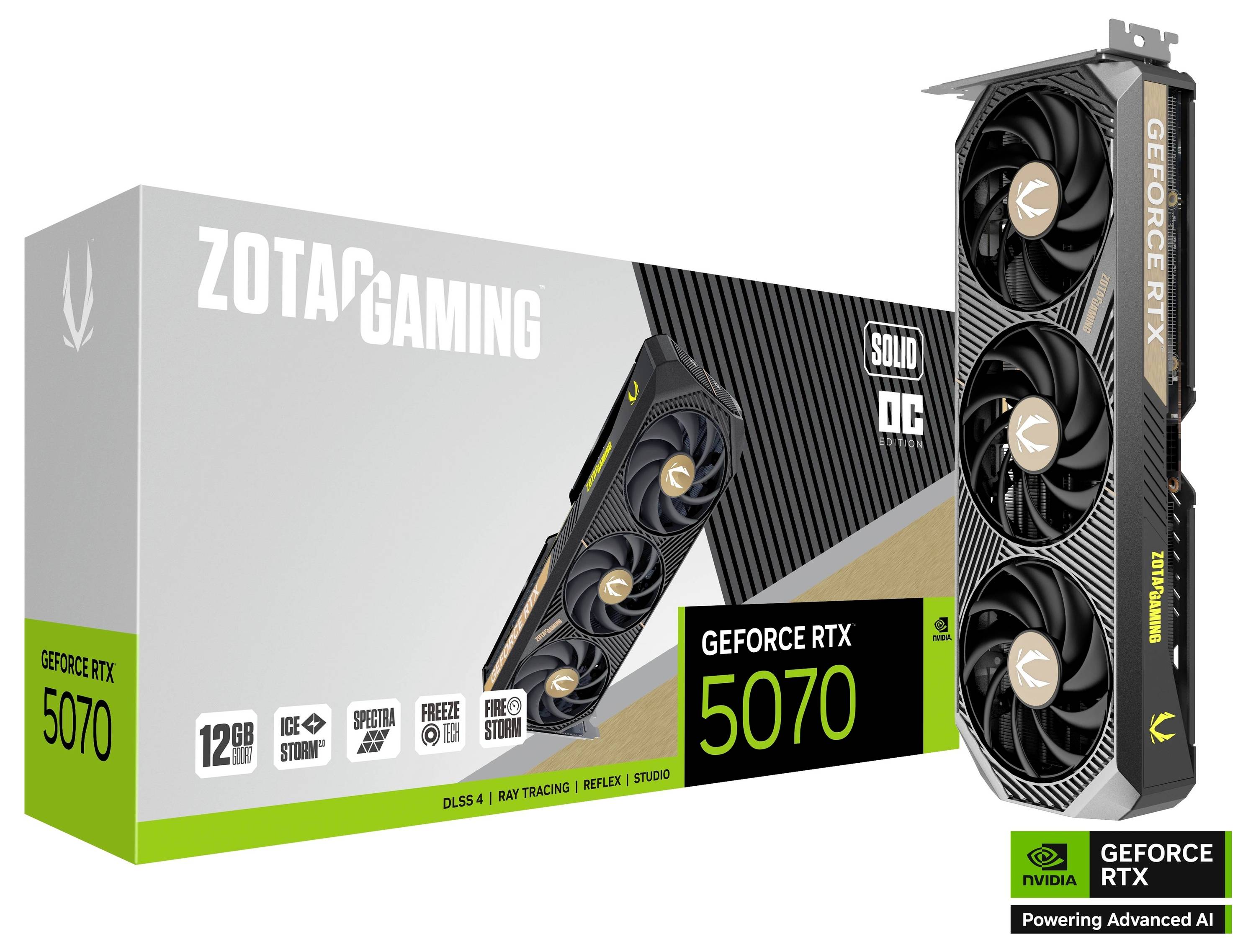 Packaging and graphics card of the Zotac Gaming GeForce RTX 5070 with 12GB, DLSS 4, Ray Tracing, Freezo Power and Ice Storm cooling.