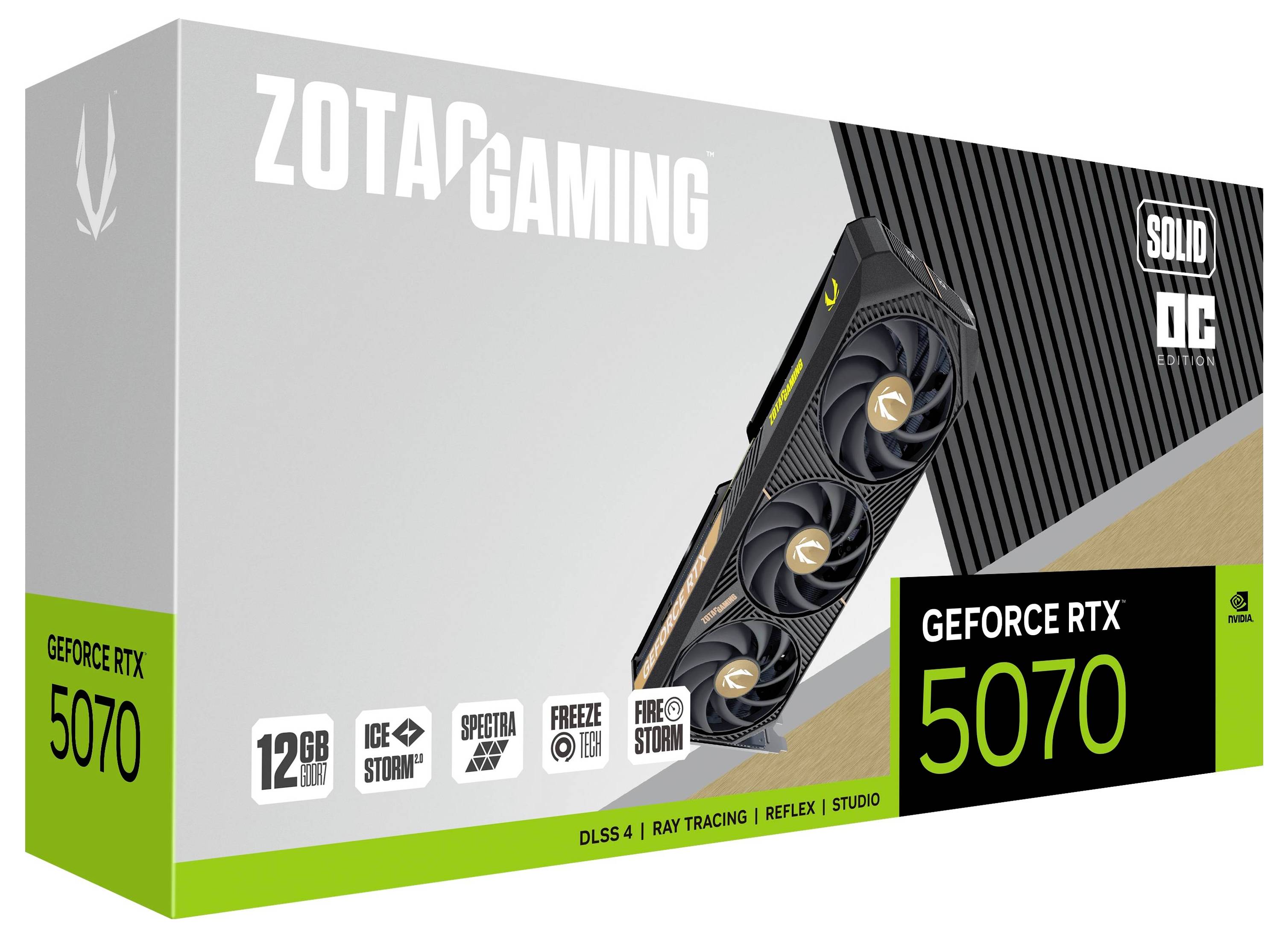 Package of a ZOTAC GAMING GeForce RTX 5070 graphics card with 12 GB GDDR6X, DLSS 4, and additional technical specifications.
