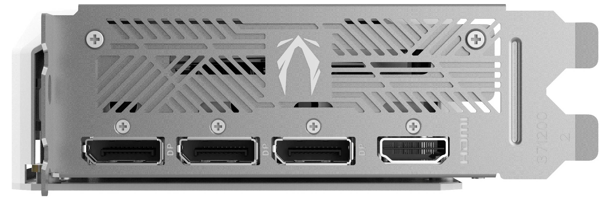 De afbeelding toont de achterkant van een grafische kaart met drie DisplayPort- en één HDMI-aansluiting. Bovenaan is een ventilatierooster zichtbaar.
