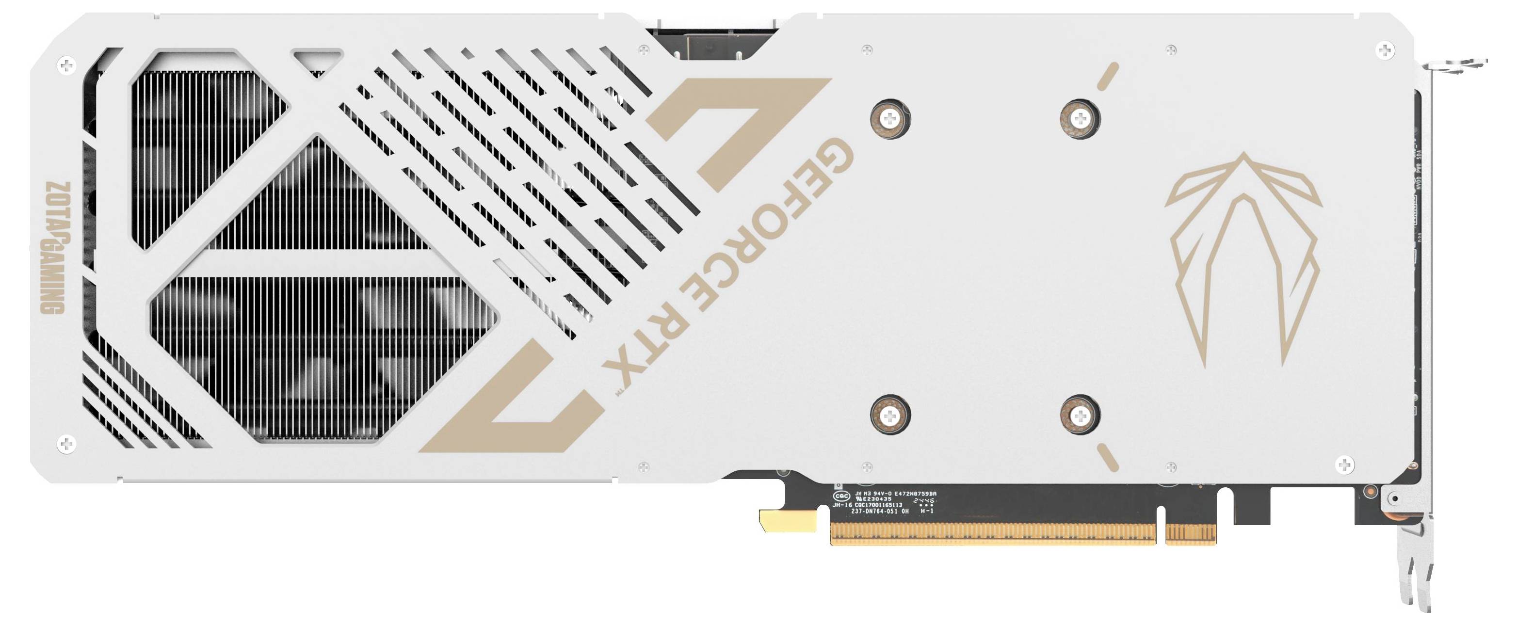 Witte videokaart met de tekst 'GEFORCE RTX' en een gestileerd logo. Het belangrijkste kenmerk is het industriële ontwerp met ventilatiesleuven.