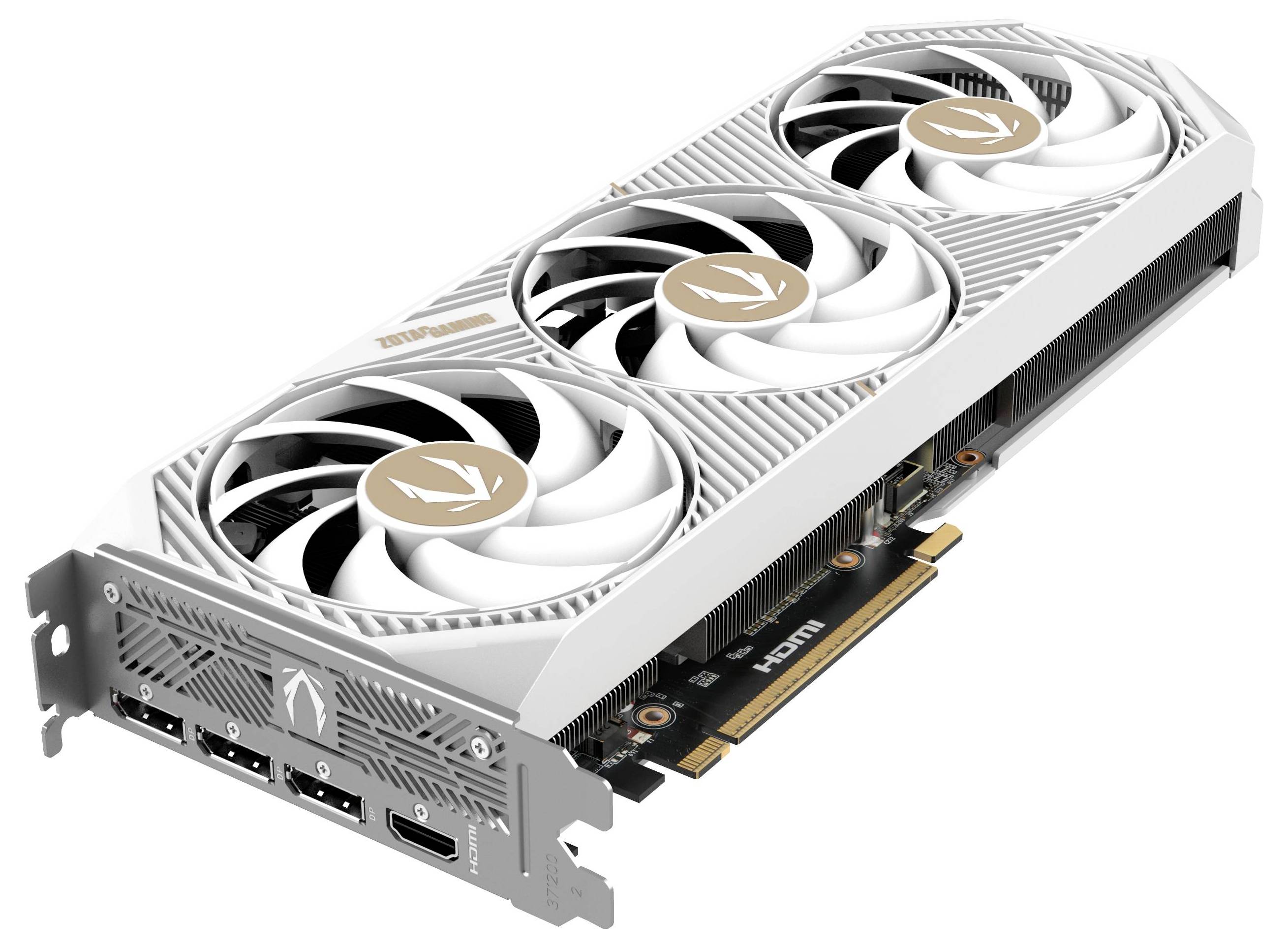 Een witte grafische kaart met drie ventilatoren en meerdere HDMI-poorten, gemarkeerd met een pijl-symbool.