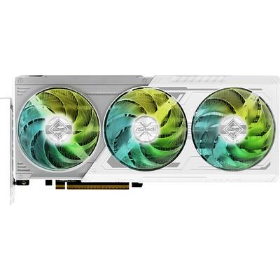 Witte videokaart met drie grote ventilatoren die geel en groen licht weerkaatsen. Gemarkeerd met 'ASRock'.