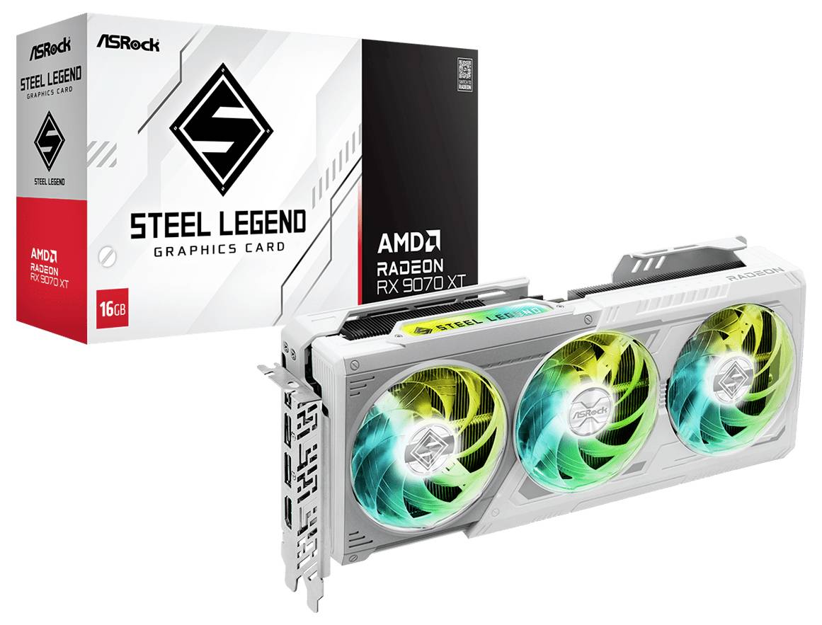 Een ASRock Steel Legend videokaart met AMD Radeon RX 7900 XT, 16 GB, wordt getoond vóór zijn verpakking. Drie kleurrijke ventilatoren zijn zichtbaar.