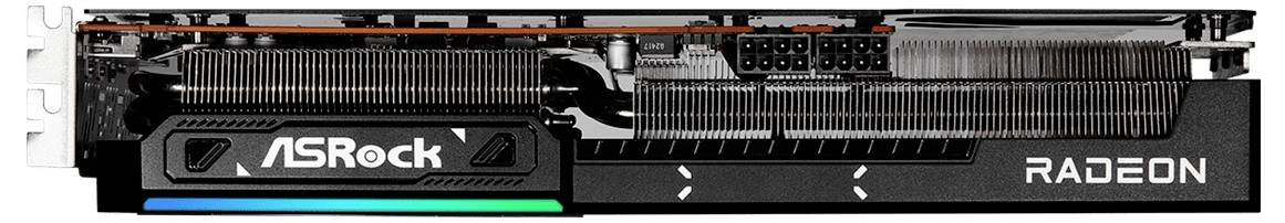 Een ASRock Radeon videokaart met een zwarte behuizing, zichtbare koelribben en RGB-verlichting aan de zijkant.