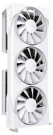Een witte videokaart met drie grote ventilatoren en de tekst 'RADEON' aan de zijkant.