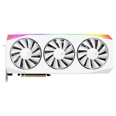 Witte videokaart met drie ventilatoren, gemarkeerd met 'RADEON' en 'XFX'.
