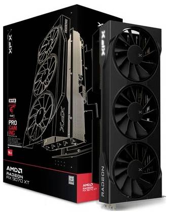 Een zwarte AMD Radeon RX 6700 XT grafische kaart met drie ventilatoren, afgebeeld naast zijn verpakking met technische tekeningen.