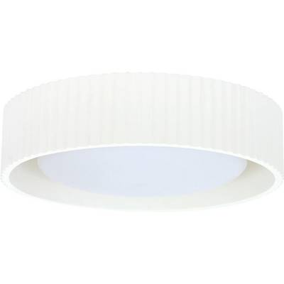 Een witte, ronde plafondlamp met een gegolfd, gestructureerd oppervlak aan de rand.