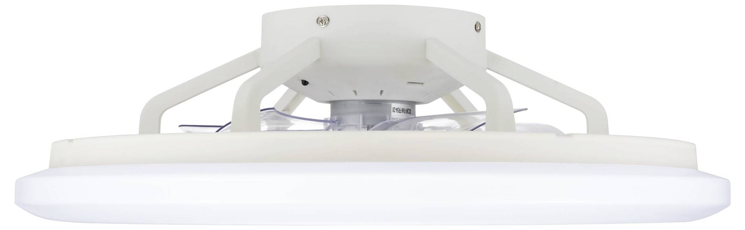 Witte, ronde LED-plafondlamp met zichtbare bevestiging en kabels, bekeken van onderaf.