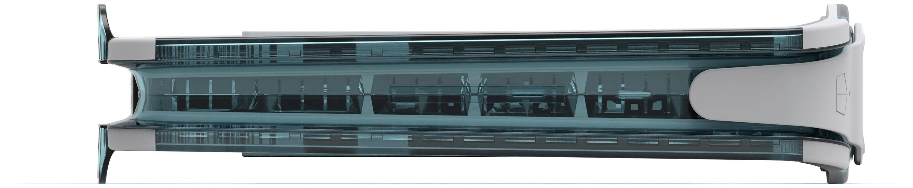 Een futuristisch gebouw met een glazen gevel, aerodynamisch ontwerp en metalen elementen, weergegeven in een zijaanzicht.