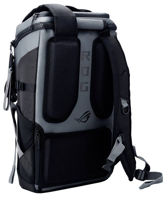 Een moderne, zwarte en grijze rugzak met gewatteerde schouderbanden en meerdere vakken. Geschikt voor techniekliefhebbers.
