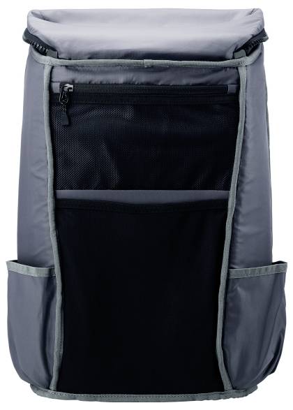 Grijze rugzak met meerdere compartimenten, vooraan een ritsvak en twee zijvakken. Ideaal voor reizen of school.