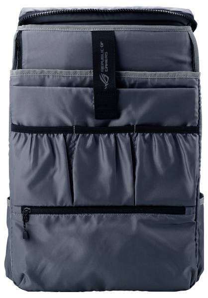 Een grijze rugzak met meerdere vakken en ritsen. Ideaal voor het vervoeren van elektronica of dagelijkse spullen.