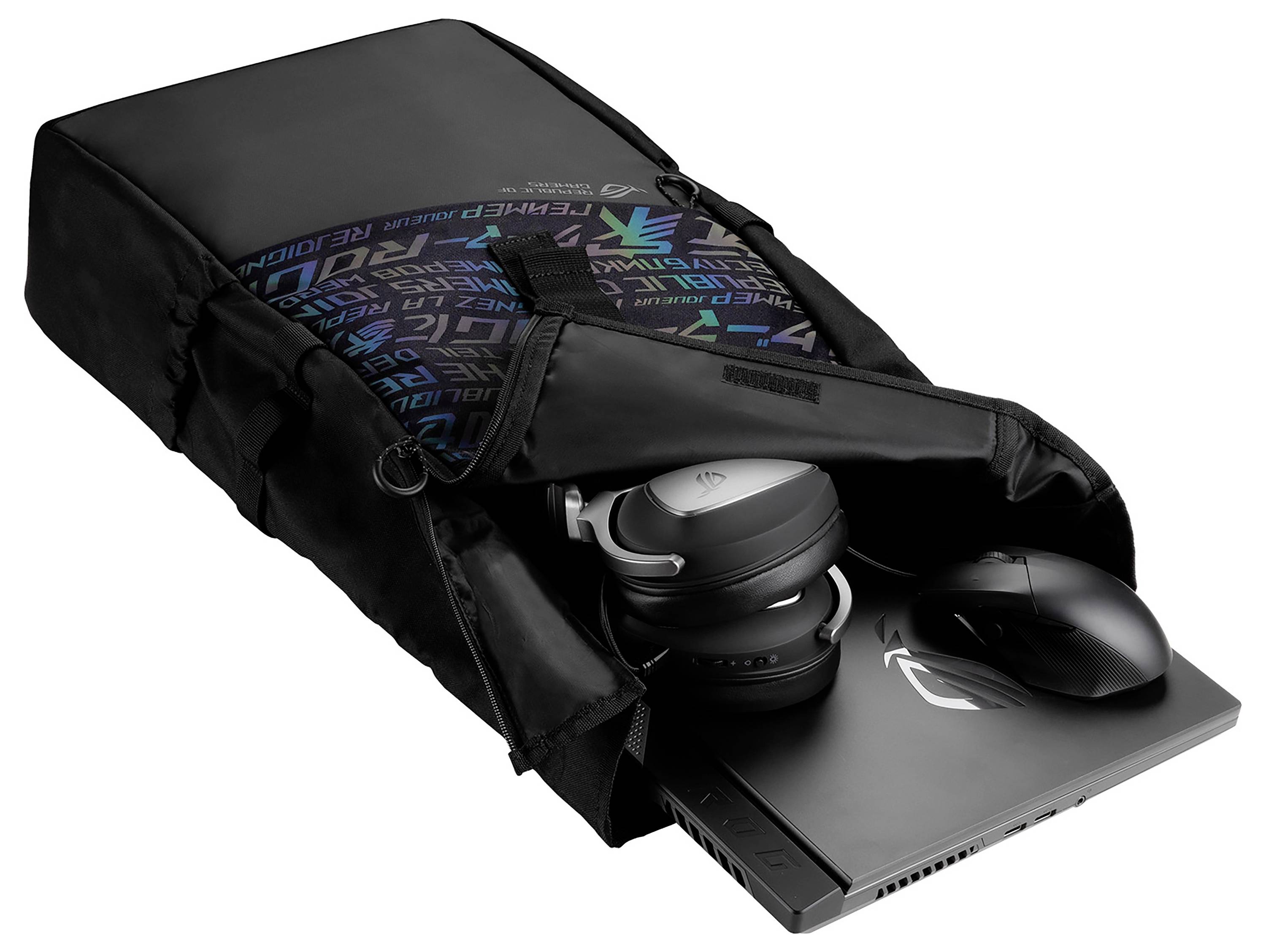Een geopende zwarte rugzak met een laptop, koptelefoon en muis. De binnenkant van de tas toont een kleurrijk patroon met technische symbolen.
