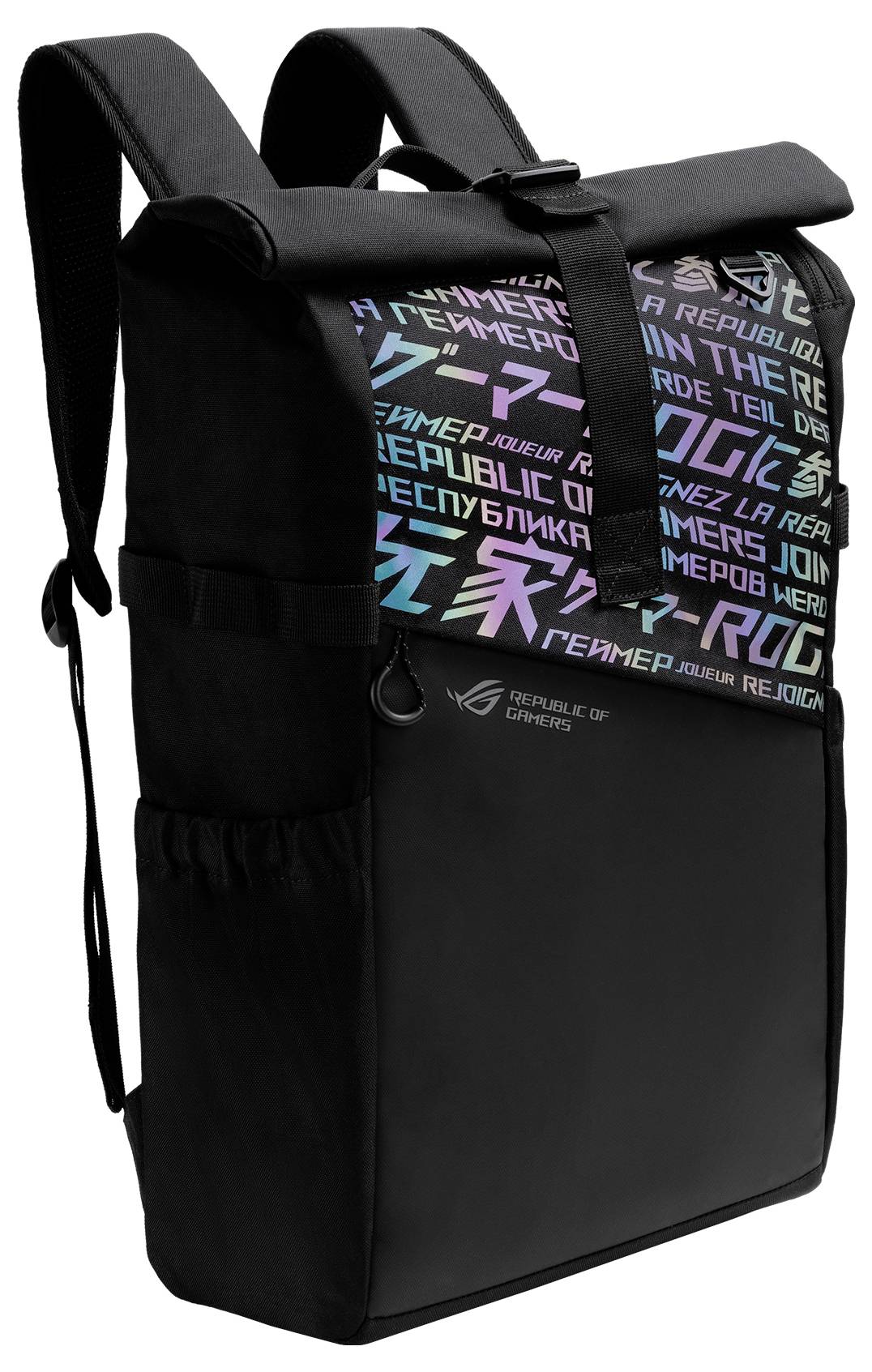 Een zwarte rugzak met een gekleurd patroon en de tekst 'REPUBLIC OF GAMERS'. Geschikt voor laptops en technische apparatuur.