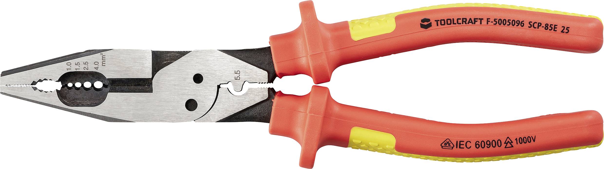 Rood handvat elektricienstangen, modelnummer 'F-509909', voorzien van geïsoleerde handgrepen voor werkzaamheden met hoogspanning tot 1000V.