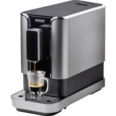 Een moderne koffiemachine in zilver met een kopje espresso op het lekrooster. Merknaam zichtbaar op de voorkant.