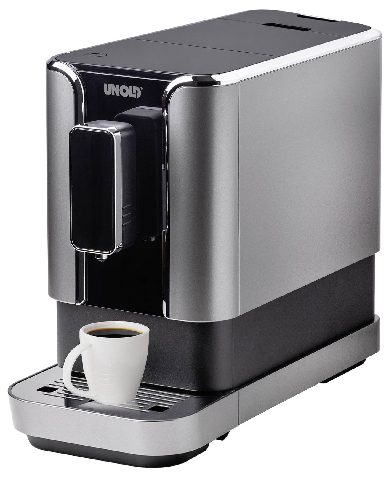 Een zilveren koffiezetautomaat met een witte koffiekop op de lekbak.
