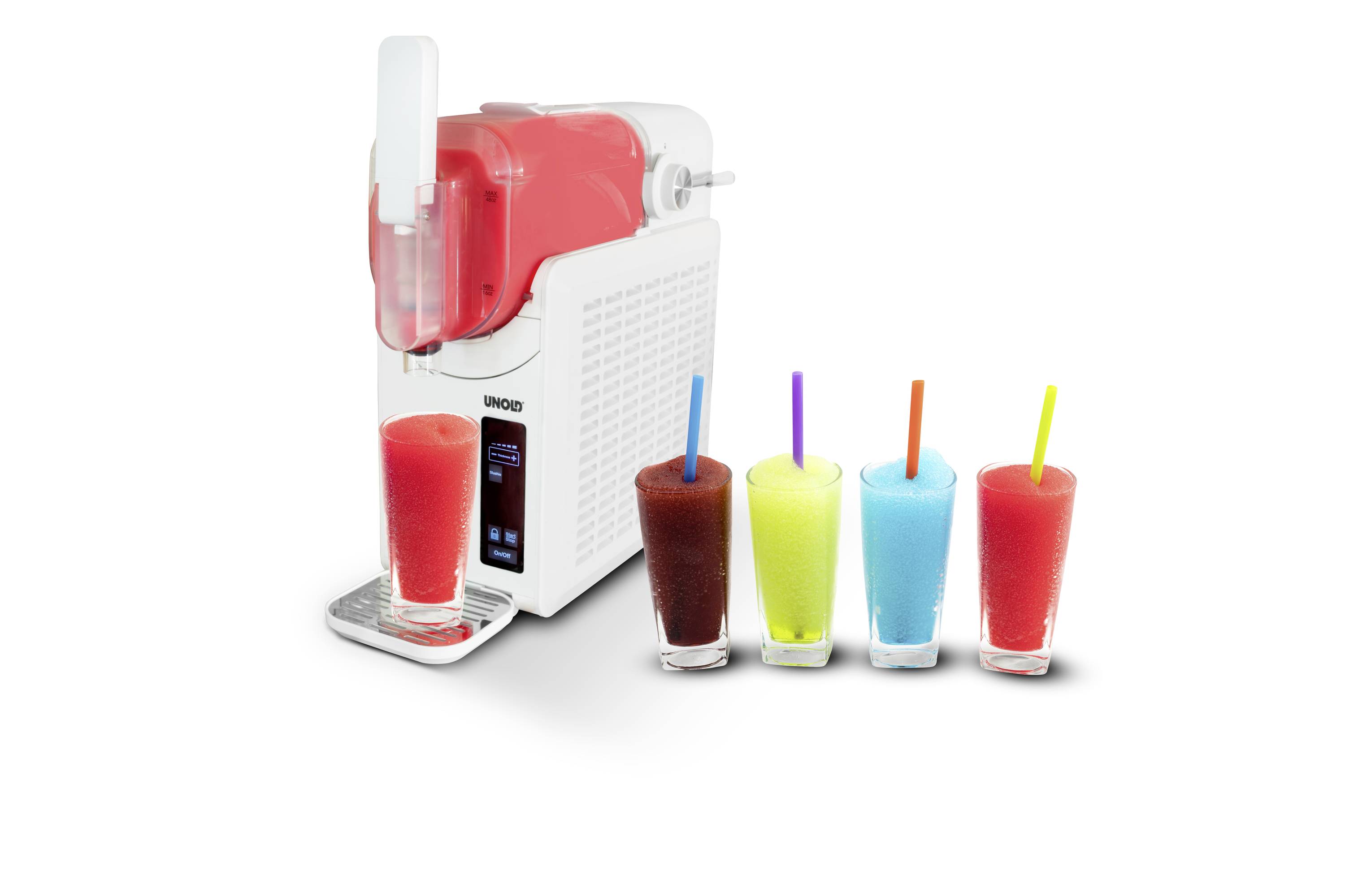 Een slushie-machine met vier glazen gevuld met slushie-drankjes in verschillende, heldere kleuren.