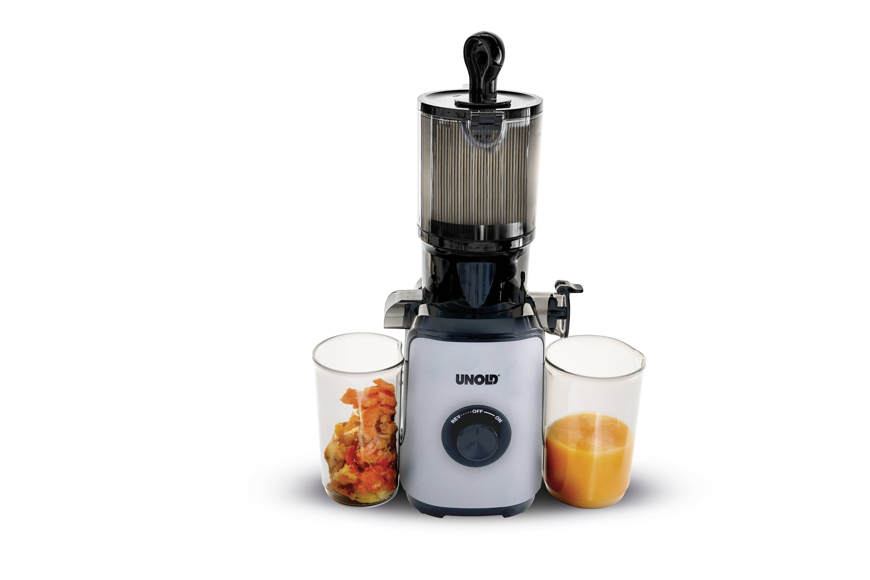 Sapcentrifuge met twee glazen: Links gevuld met stukjes fruit, rechts met verse sap. Product van Unold, centraal bedieningselement zichtbaar.