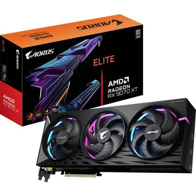 Videokaart AORUS Radeon RX 7900 XT Elite, zwarte ventilatoren met RGB-verlichting, verpakking op de achtergrond, AMD-logo zichtbaar.