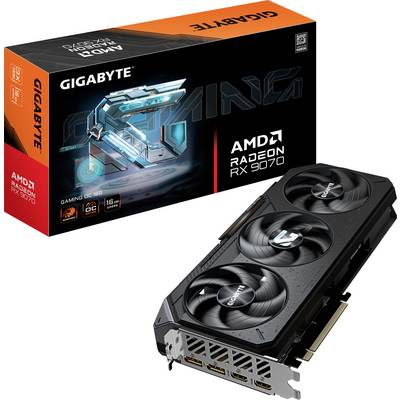 Grafische kaart Gigabyte Radeon RX 7070 met drie ventilatoren. Verpakking toont productafbeelding en bevat specificaties zoals '16GB' geheugen.