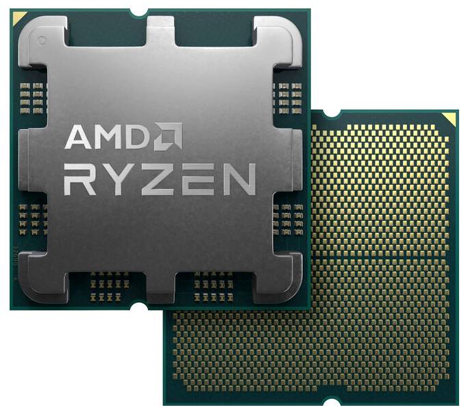 Twee computerprocessors boven elkaar, waarbij de voorste met het opschrift 'AMD RYZEN' de boven- en onderkant van een chip laat zien.