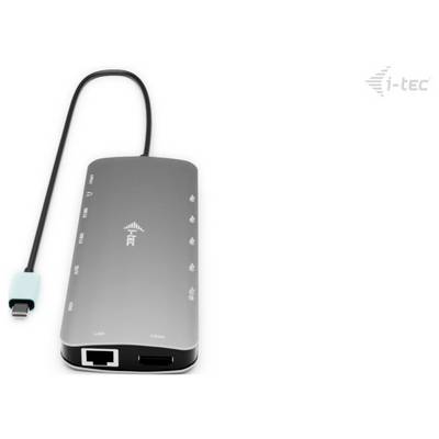 Externe adapter met kabel en meerdere aansluitingen, inclusief USB-C, LAN en HDMI, van het merk i-tec.