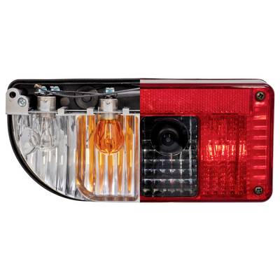De helft van een autokoplamp en de helft van een achterlicht worden naast elkaar getoond, wat het verschil in ontwerp en kleur illustreert.