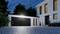 Tweeverdieping modern huis met garage, verlicht 's nachts. Strakke gevel en bestrate oprit, omringd door bomen.