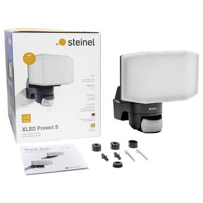 LED-schijnwerper Steinel XLED Protect S, afgebeeld met verpakking, bevestigingsmateriaal en gebruiksaanwijzing. Geïntegreerde bewegingsmelder.