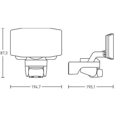Technische tekening van een bewakingscamera met afmetingen: breedte 194,7 mm, hoogte 87,3 mm, lengte 195,1 mm. Zij- en vooraanzicht.