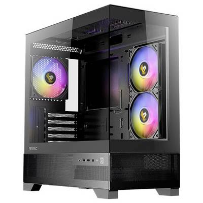 Transparante computertoren met RGB-verlichte ventilatoren en glazen panelen, geschikt voor gaming of krachtige pc's.